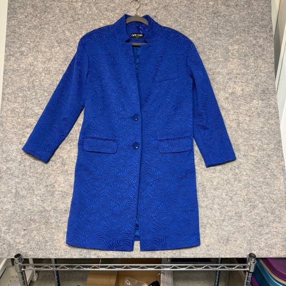 Ossie Clark London Blue Jacquard Longline Coat Textured Button Front Size 10 - Picture 3 of 12